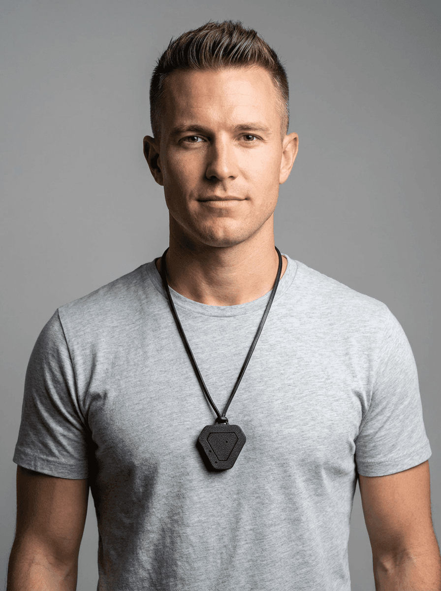 Man wearing Memorion pendant device